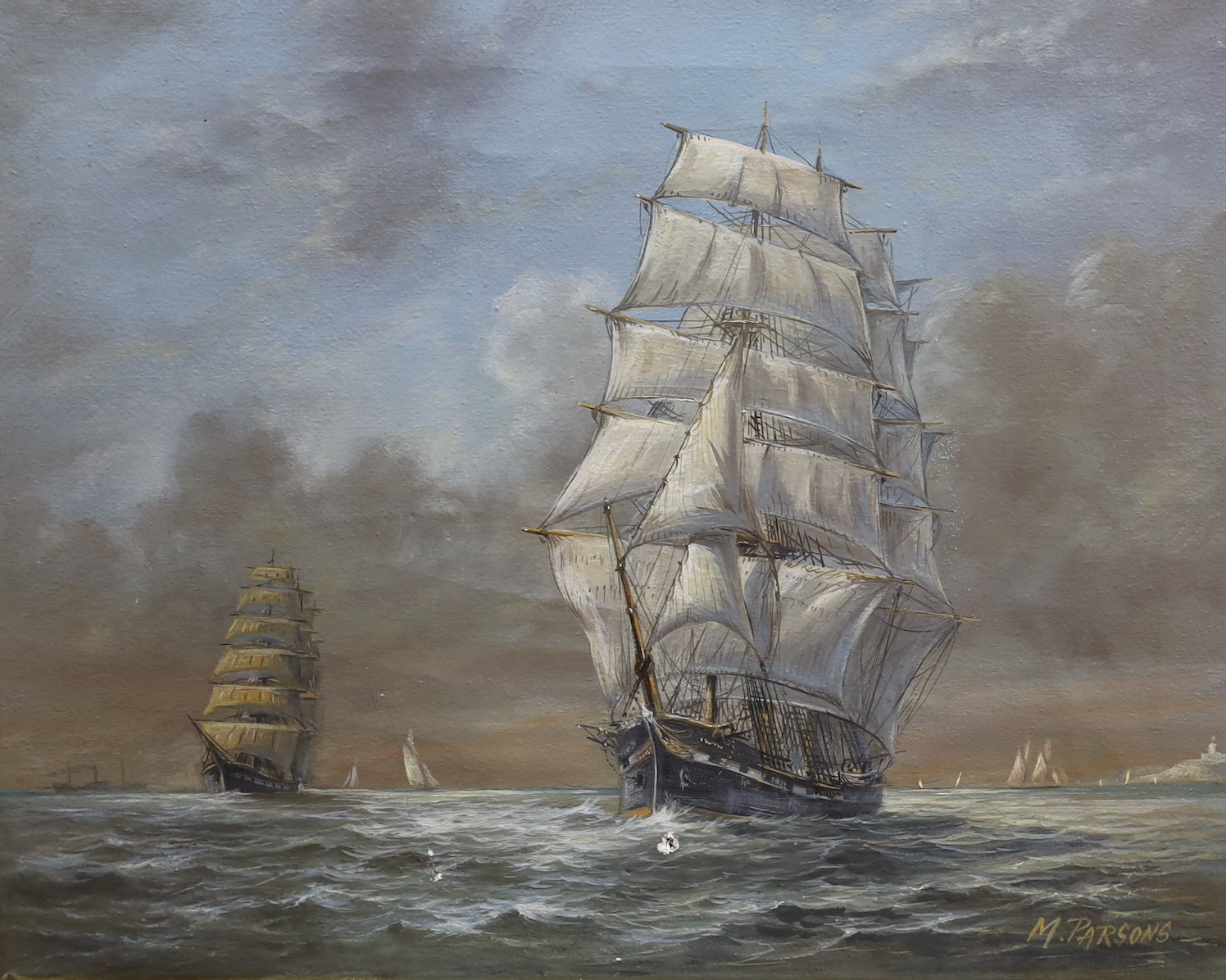 Max Parsons A.R.C.A. (1915-1998), oil on canvas, Sailing ships at sea, signed, 41 x 50cm, unframed